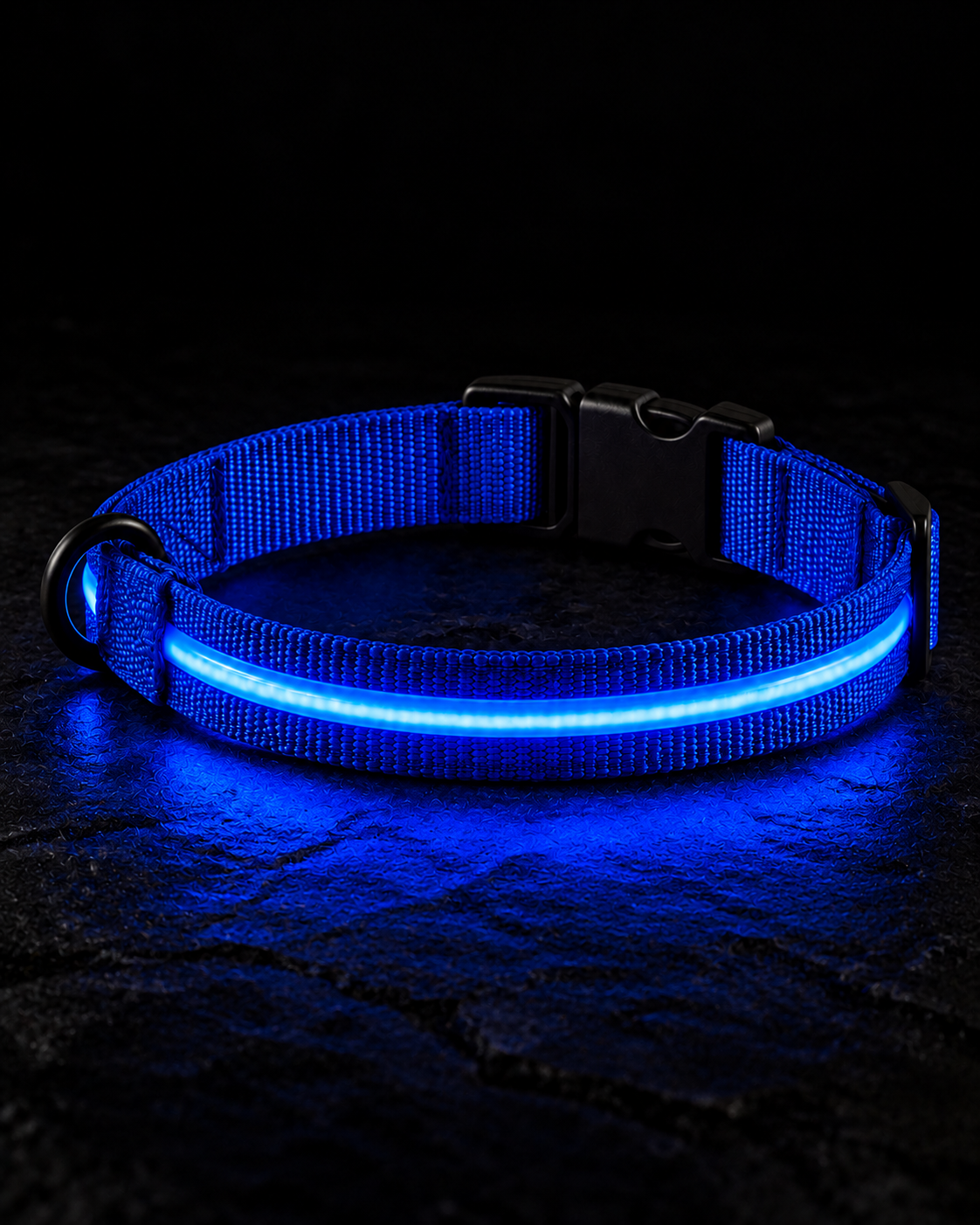 Collier SafeLaisse bleu allumé dans un studio presque noir