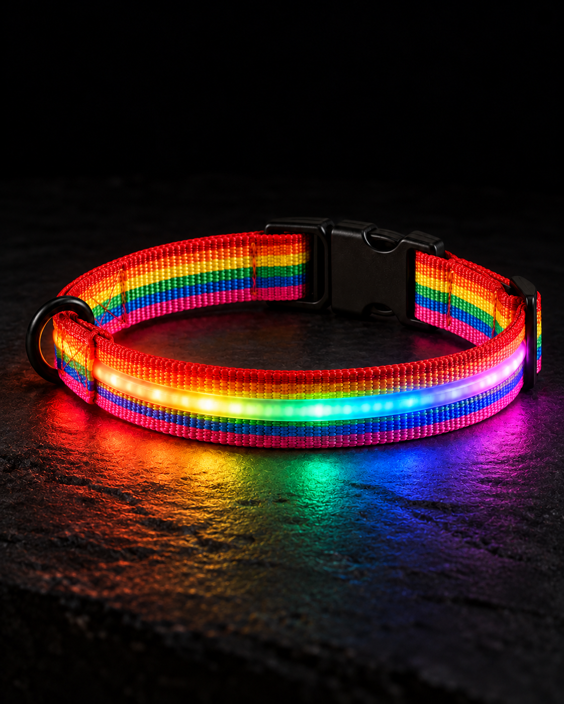 Collier SafeLaisse multicolore allumé dans un studio presque noir