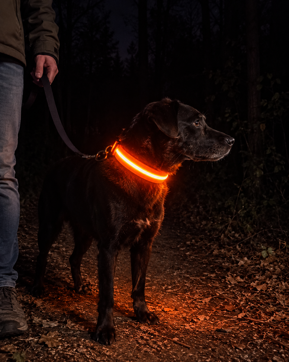 Promenade de nuit en forêt, collier SafeLaisse orange lumineux